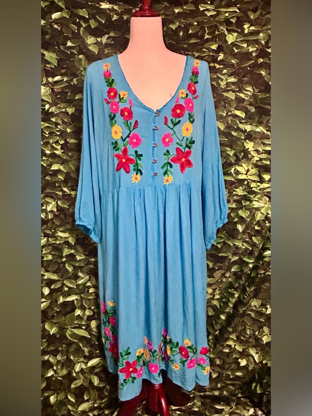 Riviera Sun Turquoise Floral Embroidered Peasant Oaxaca Patio Dress Womens 1X
